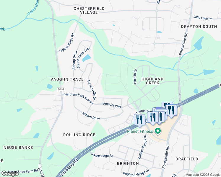 map of restaurants, bars, coffee shops, grocery stores, and more near 8219 Yaxley Hall Drive in Raleigh
