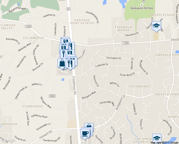 map of restaurants, bars, coffee shops, grocery stores, and more near 2105 Lodestar Drive in Raleigh