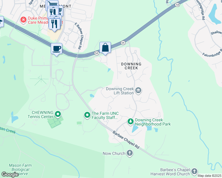 map of restaurants, bars, coffee shops, grocery stores, and more near 125 Spring Meadow Drive in Chapel Hill