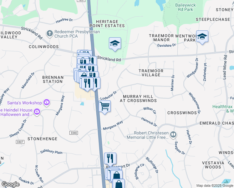 map of restaurants, bars, coffee shops, grocery stores, and more near 2105 Lodestar Drive in Raleigh