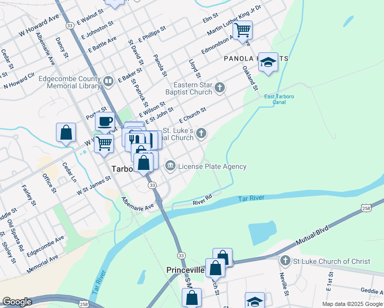 map of restaurants, bars, coffee shops, grocery stores, and more near 401 East Pitt Street in Tarboro