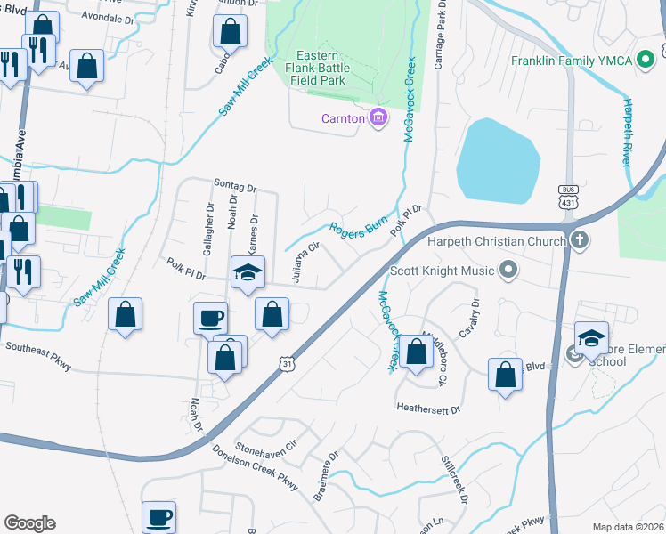 map of restaurants, bars, coffee shops, grocery stores, and more near 309 Julianna Circle in Franklin