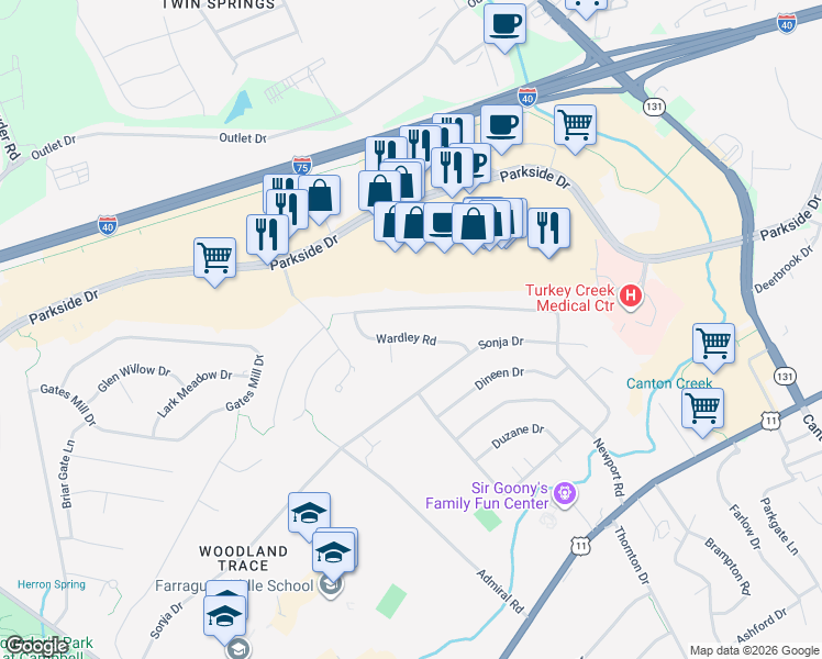 map of restaurants, bars, coffee shops, grocery stores, and more near 324 Wardley Road in Knoxville