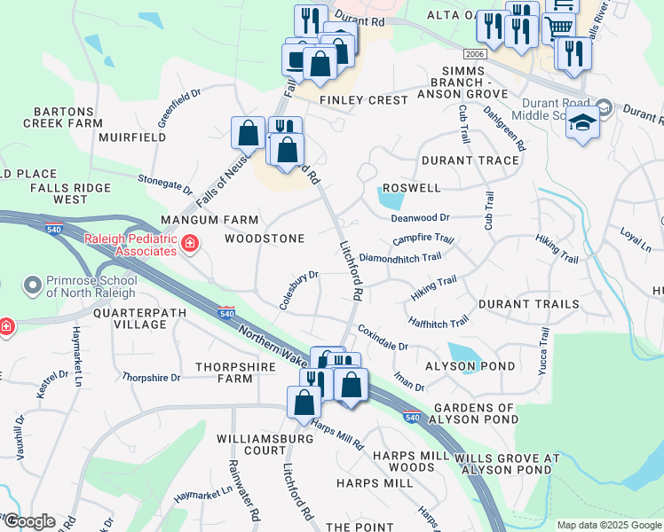 map of restaurants, bars, coffee shops, grocery stores, and more near 8901 Colesbury Drive in Raleigh