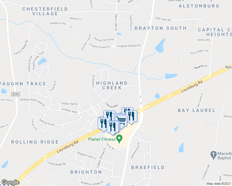 map of restaurants, bars, coffee shops, grocery stores, and more near 2968 Casona Way in Raleigh