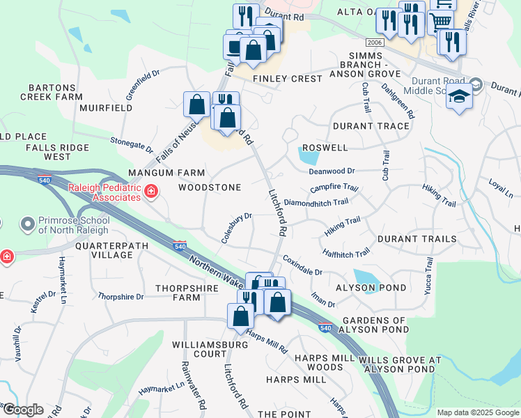 map of restaurants, bars, coffee shops, grocery stores, and more near 8901 Colesbury Drive in Raleigh