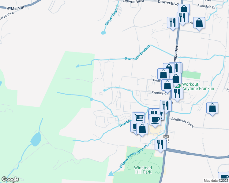 map of restaurants, bars, coffee shops, grocery stores, and more near 417 Century Court in Franklin