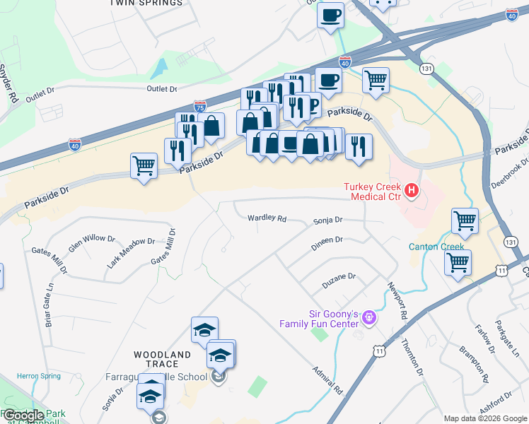 map of restaurants, bars, coffee shops, grocery stores, and more near 324 Wardley Road in Knoxville