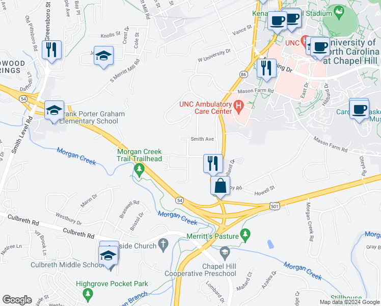 map of restaurants, bars, coffee shops, grocery stores, and more near 909 Dawes Street in Chapel Hill