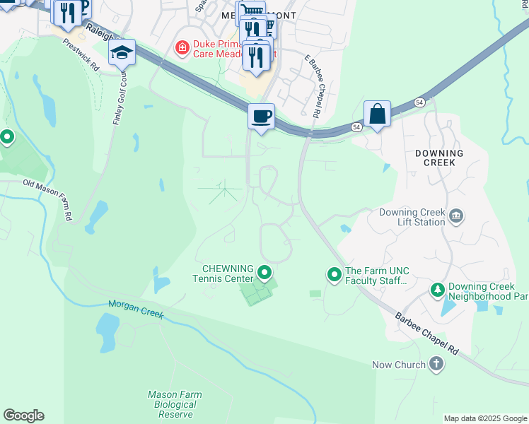 map of restaurants, bars, coffee shops, grocery stores, and more near 282 Summerwalk Circle in Chapel Hill