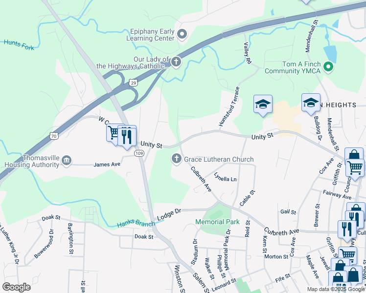 map of restaurants, bars, coffee shops, grocery stores, and more near 201 Unity Street in Thomasville