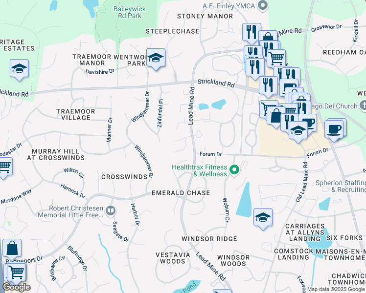 map of restaurants, bars, coffee shops, grocery stores, and more near 8421 Framingham Court in Raleigh