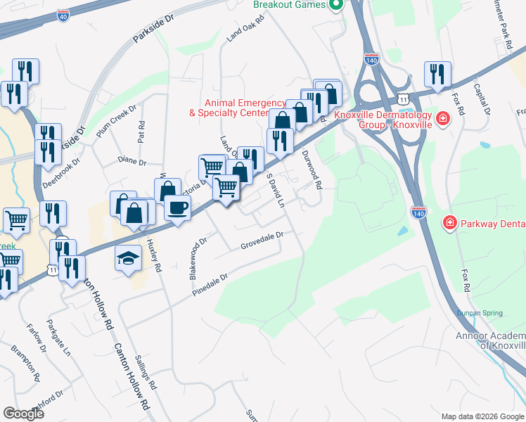 map of restaurants, bars, coffee shops, grocery stores, and more near 10408 Lovell Center Drive in Knoxville
