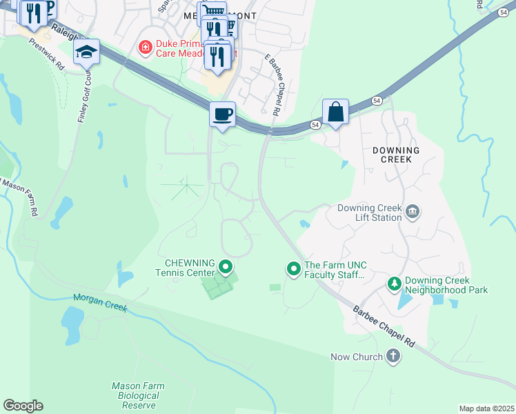 map of restaurants, bars, coffee shops, grocery stores, and more near 130 100 Springberry Lane in Chapel Hill