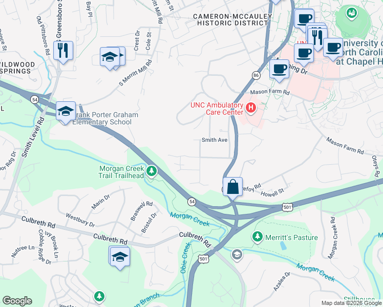 map of restaurants, bars, coffee shops, grocery stores, and more near 510 Coolidge Street in Chapel Hill