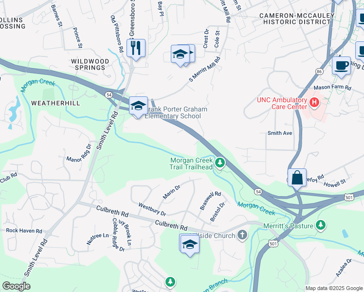map of restaurants, bars, coffee shops, grocery stores, and more near 1105 West North Carolina Highway 54 Bypass in Chapel Hill