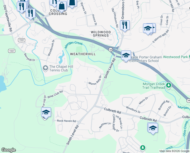 map of restaurants, bars, coffee shops, grocery stores, and more near 105 Gateridge Place in Carrboro