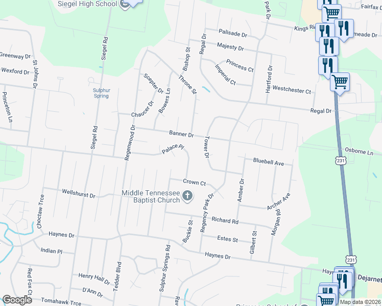map of restaurants, bars, coffee shops, grocery stores, and more near 2810 Palace Place in Murfreesboro