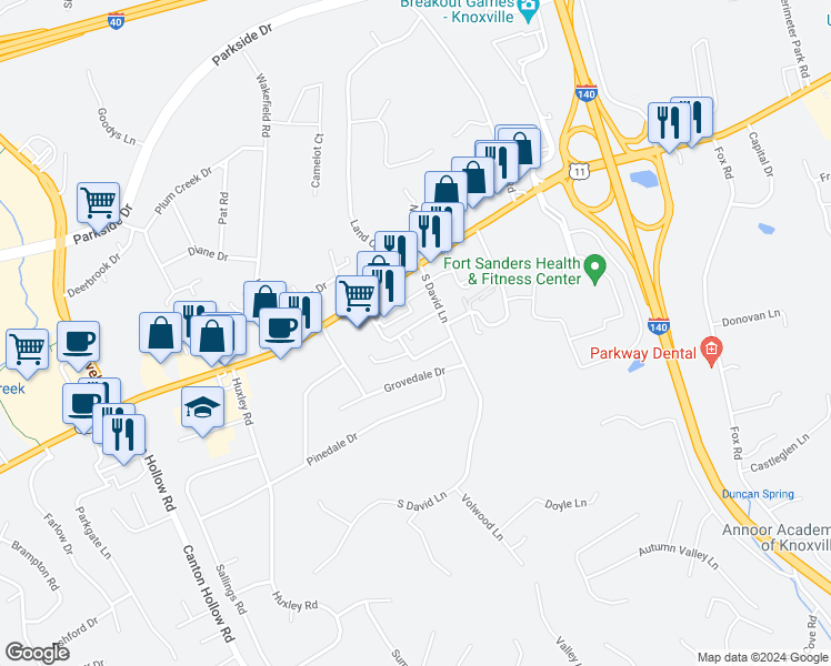 map of restaurants, bars, coffee shops, grocery stores, and more near 10410 Lovell Center Drive in Knoxville