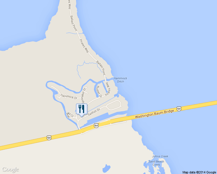 map of restaurants, bars, coffee shops, grocery stores, and more near 1033 Pirates Way in Manteo