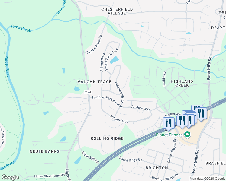 map of restaurants, bars, coffee shops, grocery stores, and more near 8029 Remington Heights Drive in Raleigh