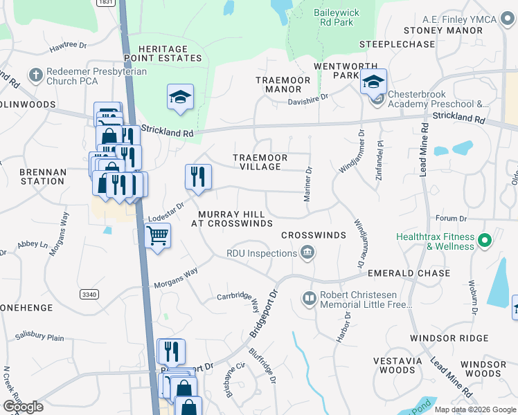 map of restaurants, bars, coffee shops, grocery stores, and more near 1845 Snow Wind Drive in Raleigh