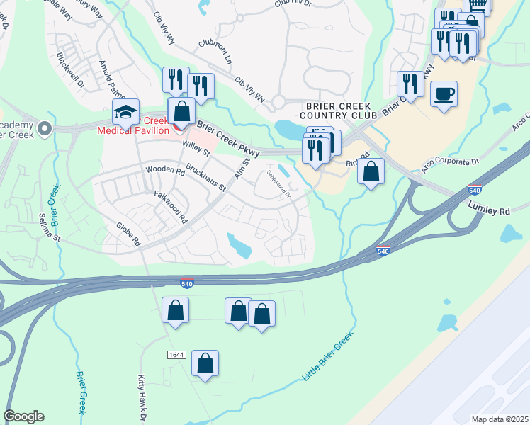 map of restaurants, bars, coffee shops, grocery stores, and more near 10151 Bruckhaus Street in Raleigh