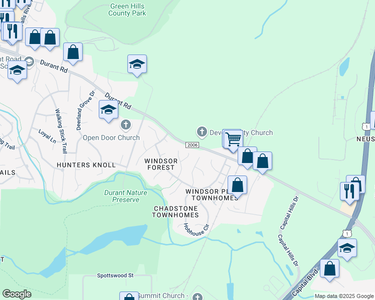 map of restaurants, bars, coffee shops, grocery stores, and more near 8821 Whitby Court in Raleigh