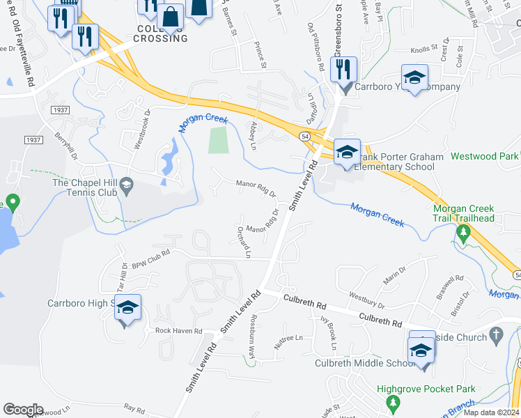 map of restaurants, bars, coffee shops, grocery stores, and more near 105 Gateridge Place in Carrboro