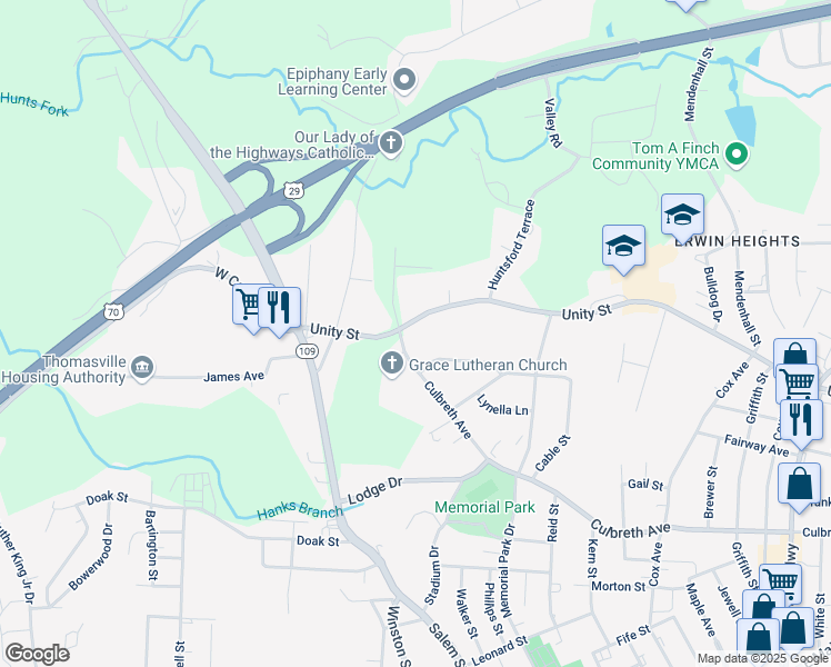 map of restaurants, bars, coffee shops, grocery stores, and more near 201 Unity Street in Thomasville