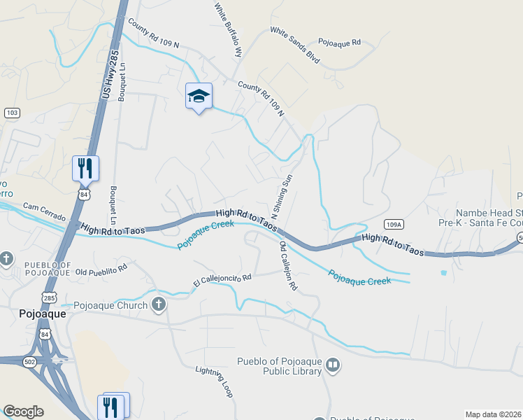 map of restaurants, bars, coffee shops, grocery stores, and more near 109 North Shining Sun in Santa Fe