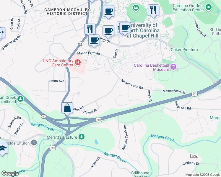 map of restaurants, bars, coffee shops, grocery stores, and more near 110 Purefoy Road in Chapel Hill
