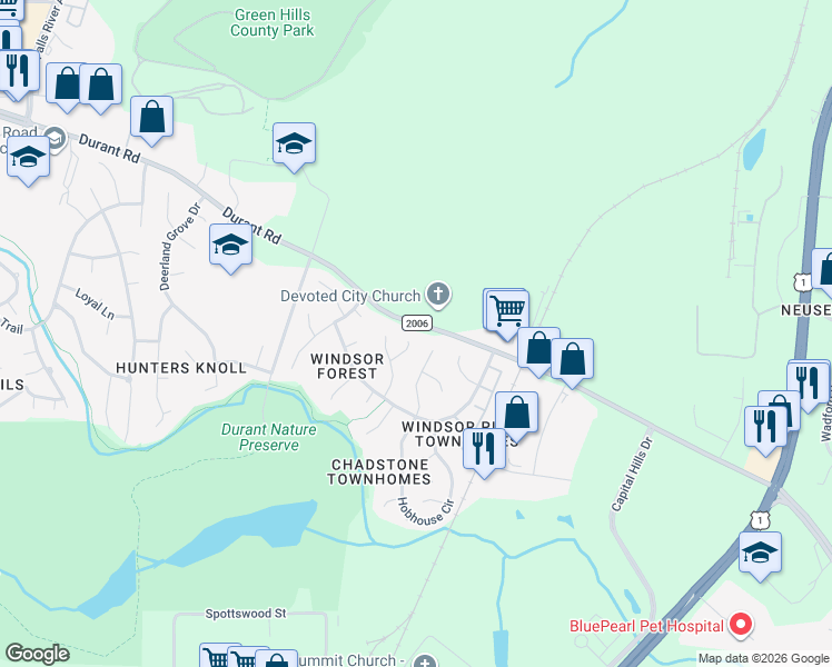 map of restaurants, bars, coffee shops, grocery stores, and more near 8817 Maplestead Drive in Raleigh