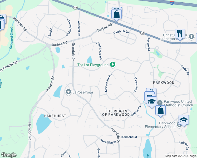map of restaurants, bars, coffee shops, grocery stores, and more near 15 Summerglen Court in Durham