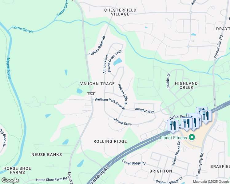 map of restaurants, bars, coffee shops, grocery stores, and more near 3553 Teravista Way in Raleigh