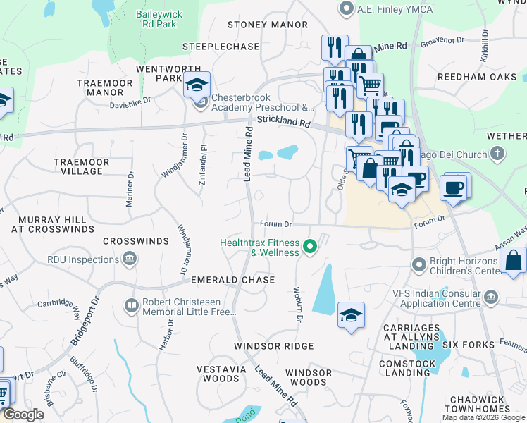 map of restaurants, bars, coffee shops, grocery stores, and more near 8408 Grey Abbey Place in Raleigh