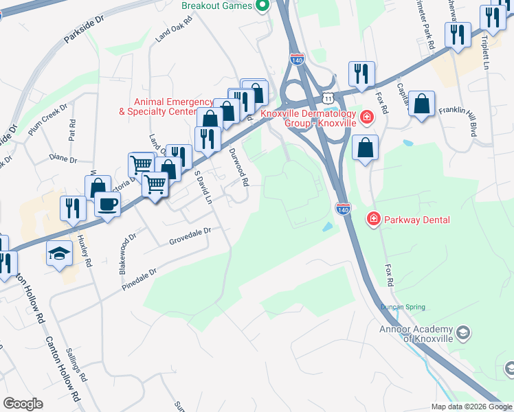 map of restaurants, bars, coffee shops, grocery stores, and more near 130 Durwood Road in Knoxville