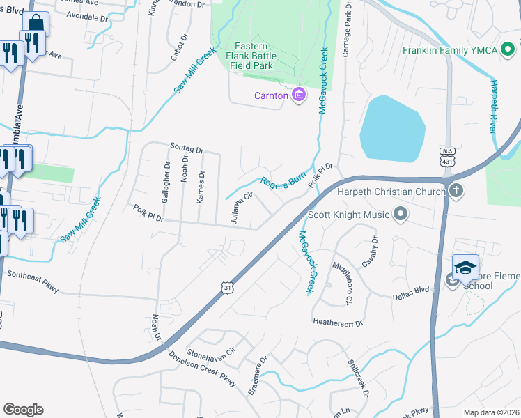 map of restaurants, bars, coffee shops, grocery stores, and more near 309 Julianna Circle in Franklin
