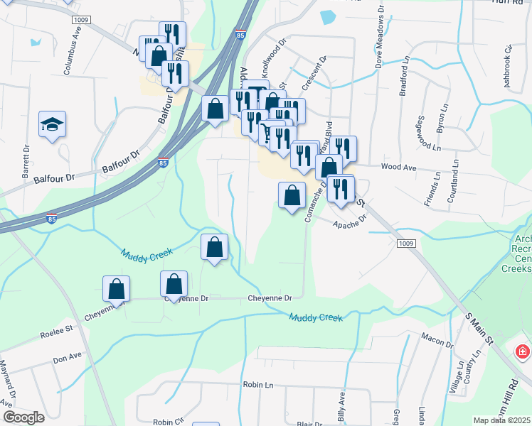 map of restaurants, bars, coffee shops, grocery stores, and more near 105 Apache Drive in Archdale