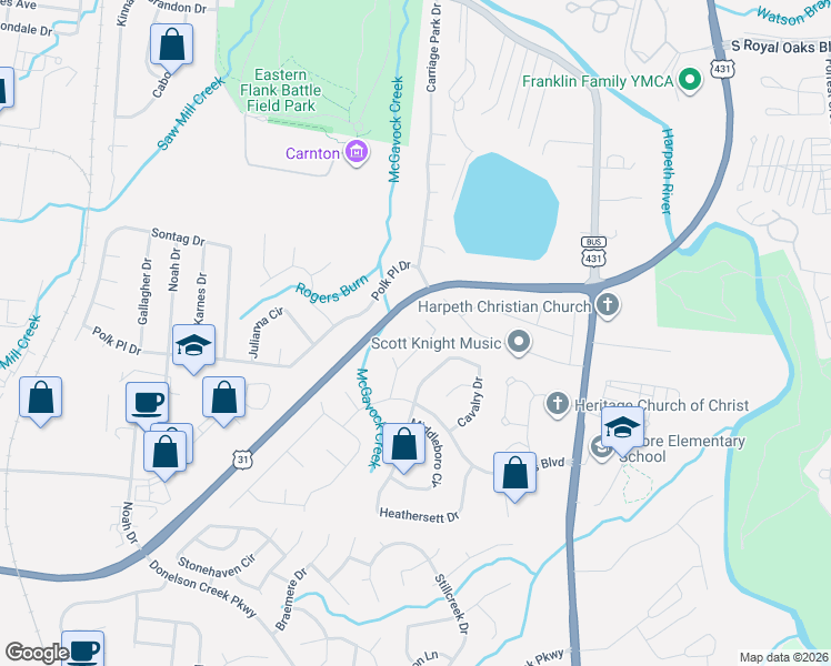 map of restaurants, bars, coffee shops, grocery stores, and more near 304 Claire Ct in Franklin