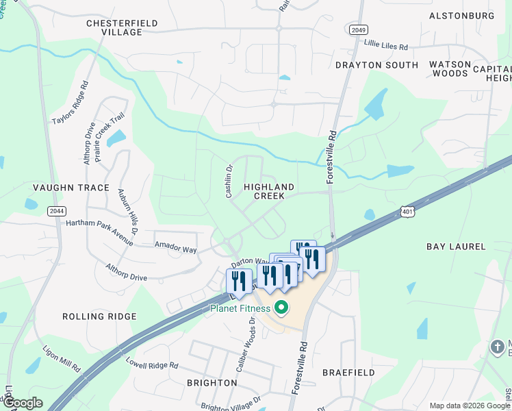 map of restaurants, bars, coffee shops, grocery stores, and more near 8514 Holdenby Trail in Raleigh