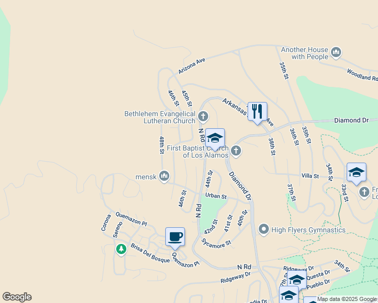 map of restaurants, bars, coffee shops, grocery stores, and more near 2279 North Road in Los Alamos