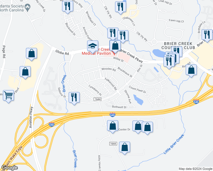 map of restaurants, bars, coffee shops, grocery stores, and more near 9104 Maria Luisa Place in Raleigh