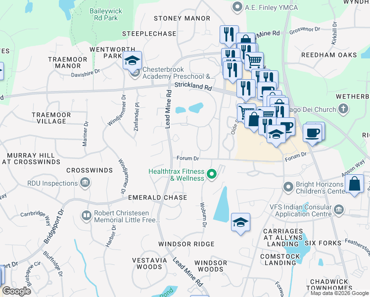 map of restaurants, bars, coffee shops, grocery stores, and more near 8408 Grey Abbey Place in Raleigh