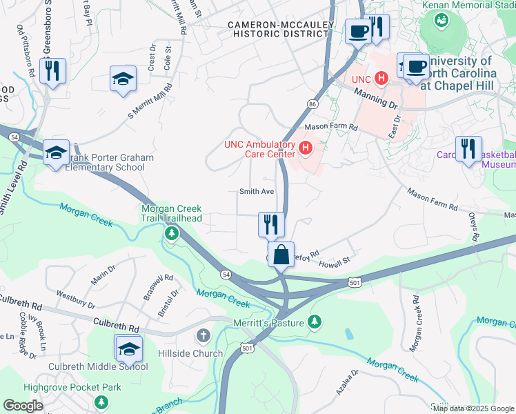 map of restaurants, bars, coffee shops, grocery stores, and more near 404 Coolidge Street in Chapel Hill