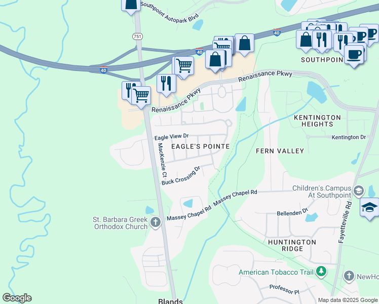 map of restaurants, bars, coffee shops, grocery stores, and more near 8011 Chatsworth Way in Durham