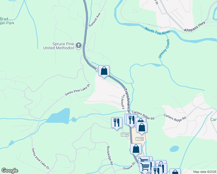 map of restaurants, bars, coffee shops, grocery stores, and more near 146 Oakdale Drive in Spruce Pine