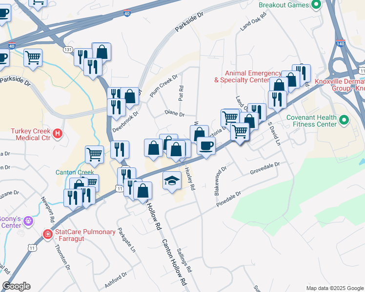 map of restaurants, bars, coffee shops, grocery stores, and more near 10512 Haleyford Lane in Knoxville