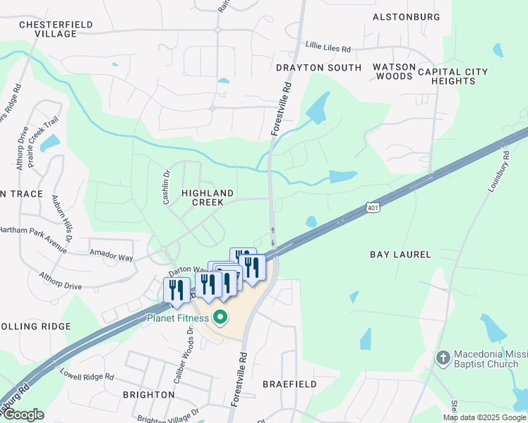 map of restaurants, bars, coffee shops, grocery stores, and more near 2806 Forestville Road in Wake Forest