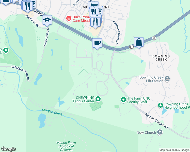 map of restaurants, bars, coffee shops, grocery stores, and more near 209 Summerwalk Circle in Chapel Hill